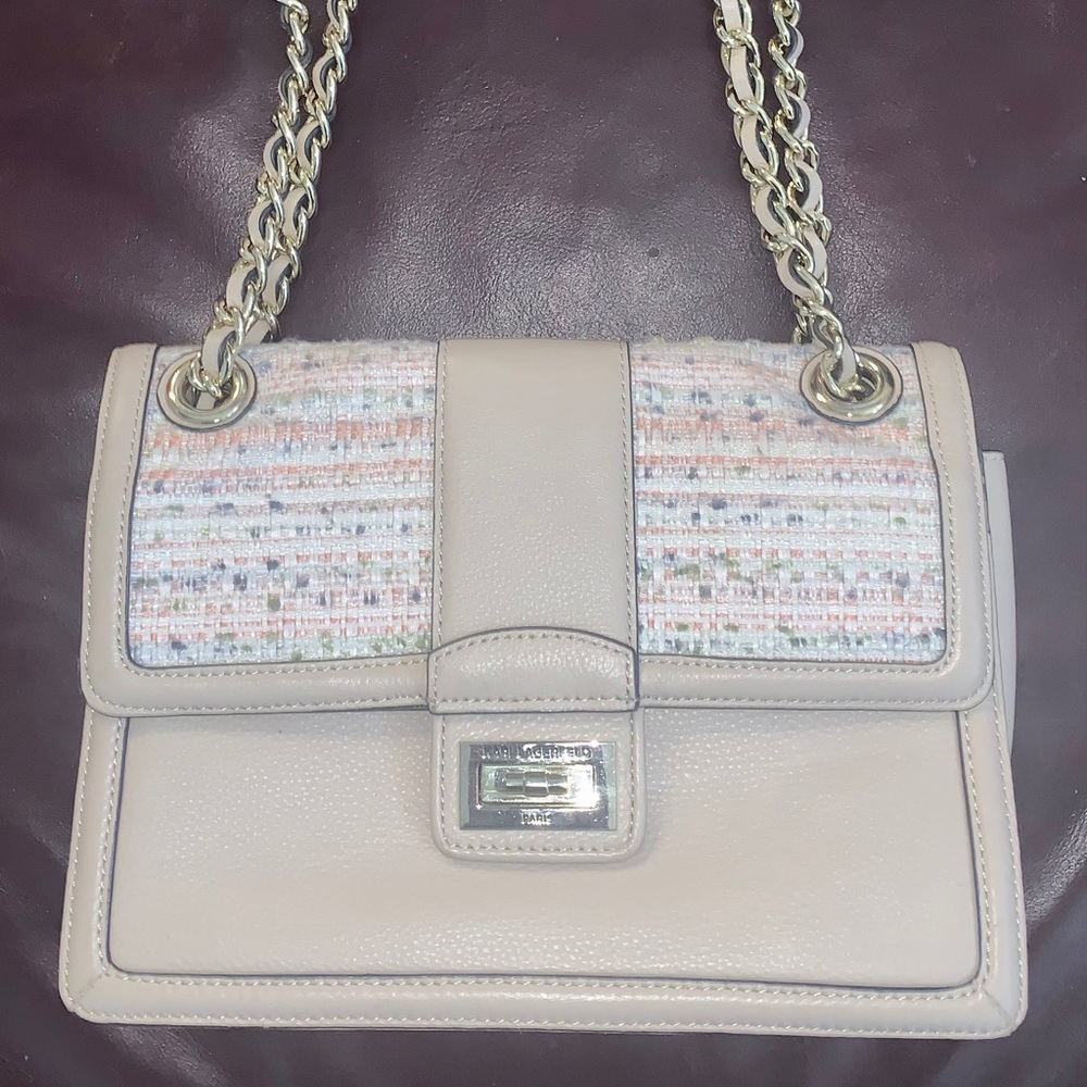 Karl Lagerfeld Beige and Multicolor Tweed Shoulder Bag